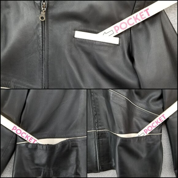 Silvia y Mario Womens Black Leather Jacket Lined Pockets Full Zip Argentina Sz M - Picture 12 of 16